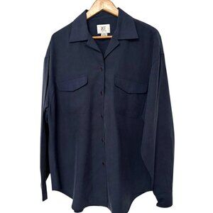 Vintage Silk Blouse Classic Style Navy Blue Size 10 / L Oversized Excellent Cond